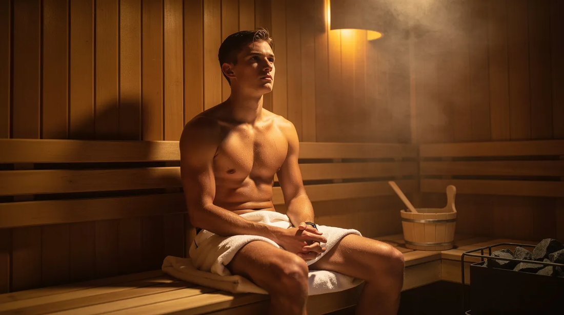 A fasting young man sits in a sauna, surrounded by warm wooden panels