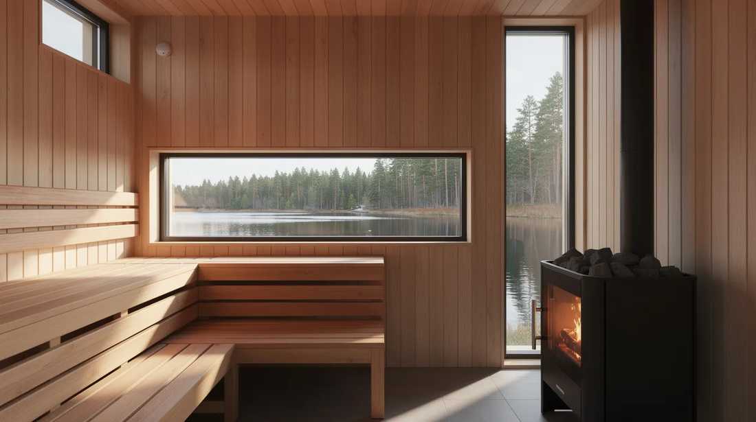 The image depicts a beautifully designed outdoor sauna featuring large tempered glass windows that allow ample natural light to flood the sauna room while maintaining privacy. 