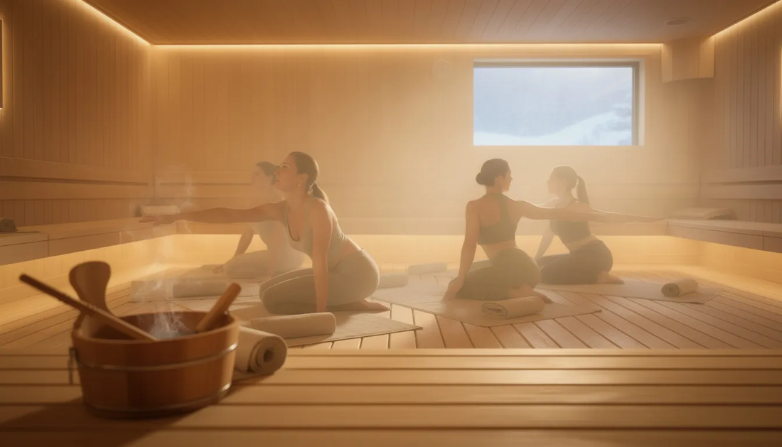 The image depicts a serene sauna yoga session, showcasing individuals gracefully practicing various yoga poses on their mats amidst the warm, gentle heat of an infrared sauna.