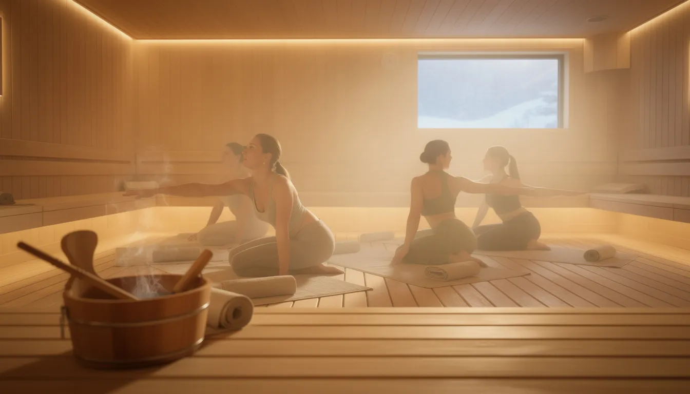 The image depicts a serene sauna yoga session, showcasing individuals gracefully practicing various yoga poses on their mats amidst the warm, gentle heat of an infrared sauna.