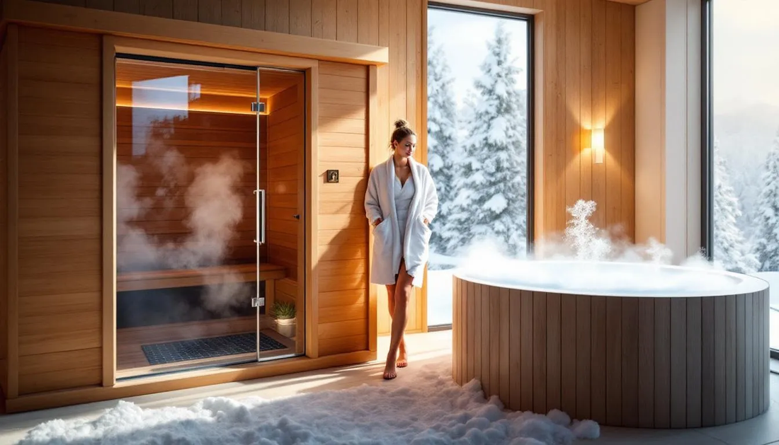 The image contrasts a sauna and an ice bath, showcasing two distinct recovery methods for muscle relaxation and inflammation reduction