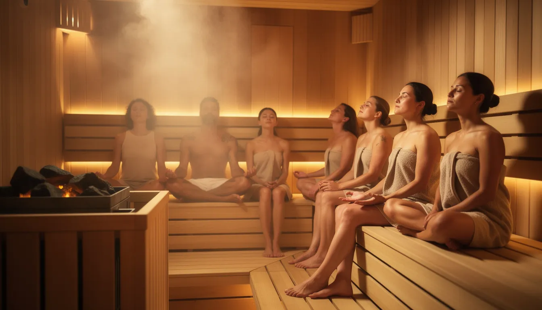 The image depicts a serene sauna environment where individuals are engaged in breathwork and meditation, practicing deep breathing techniques to enhance relaxation and mental clarity. 