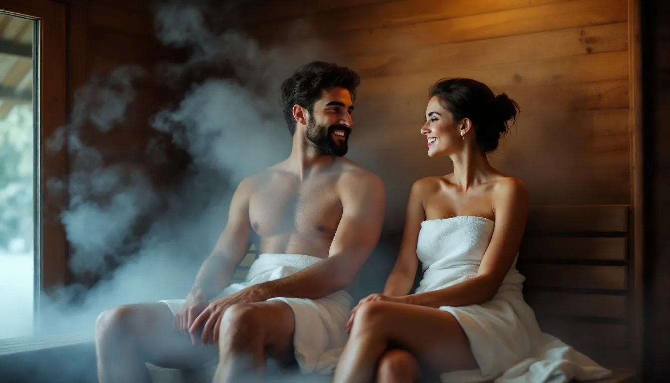 A Spanish couple relaxes in a traditional sauna room, enjoying the health benefits of sauna bathing to improve their cardiovascular health