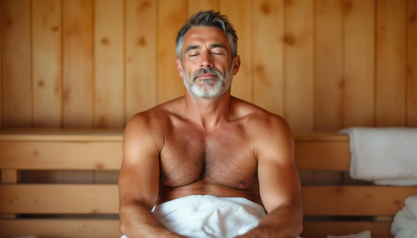 A man is sitting in a traditional Finnish sauna, surrounded by wooden benches and steam, as he enjoys a sauna session for stress relief and improved mental clarity.