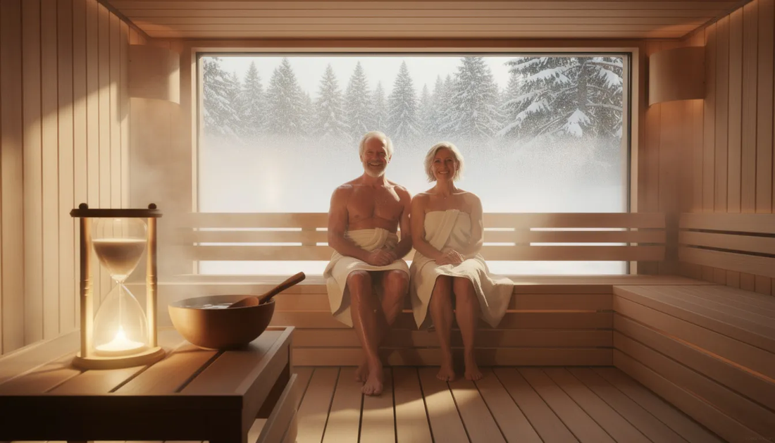The image depicts a serene sauna environment, showcasing a traditional wooden sauna filled with steam, emphasizing the practice of sauna bathing as a lifestyle choice associated with numerous health benefits.