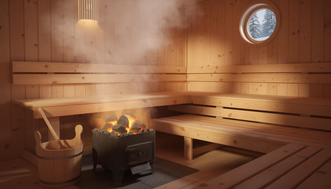 The image depicts a traditional Scandinavian sauna, featuring warm wooden benches and a wood-burning stove