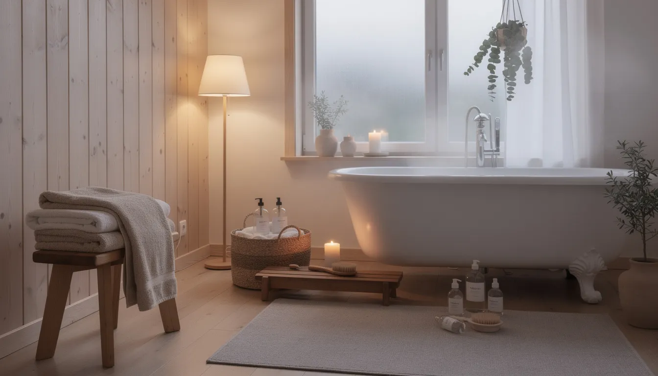 he image depicts a serene Scandinavian spa experience at home, showcasing a cozy sauna surrounded by natural wood elements, soft lighting, and plush towels. 