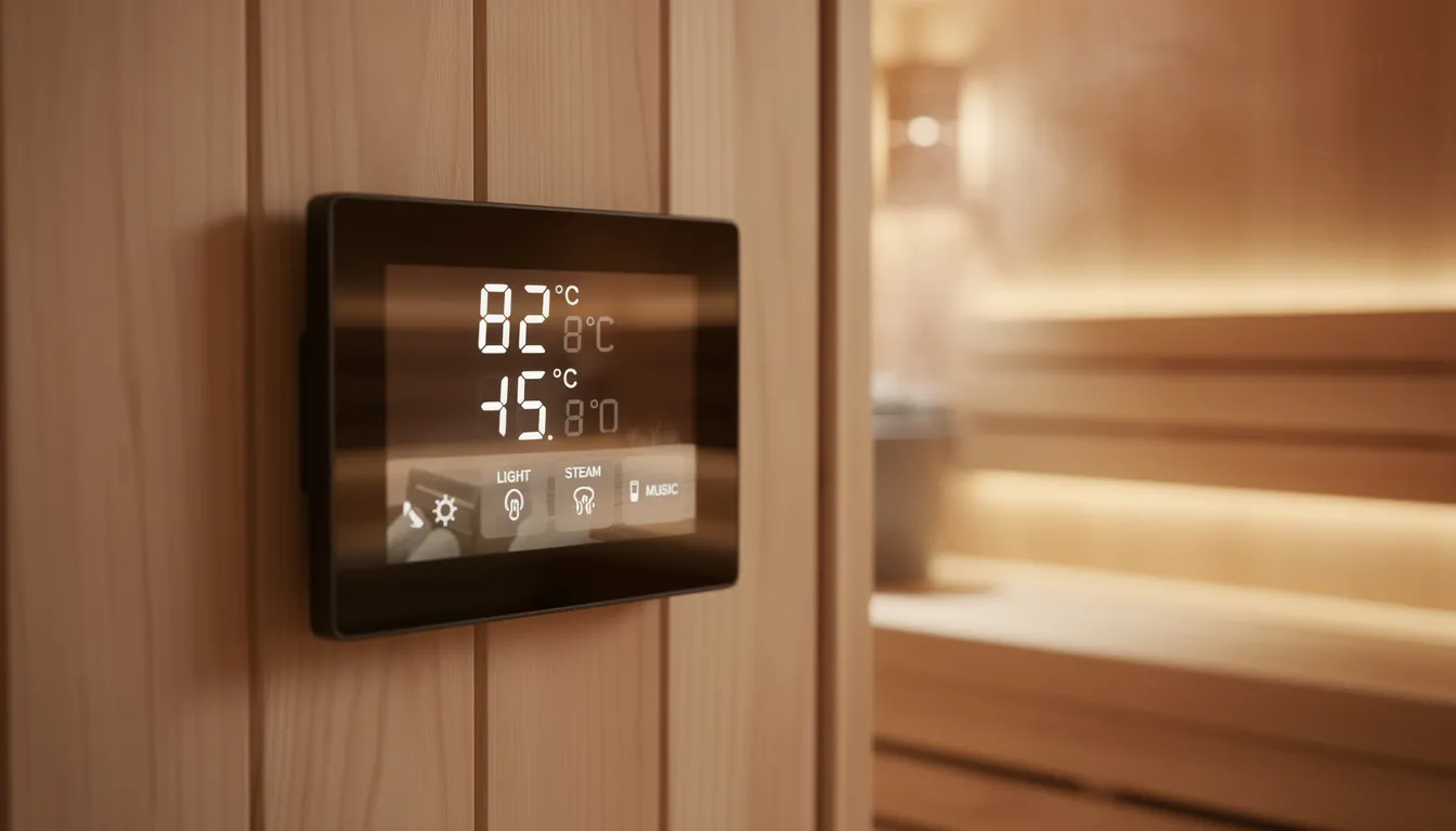 The image showcases a modern smart sauna control panel featuring advanced technology for personalized sauna sessions.