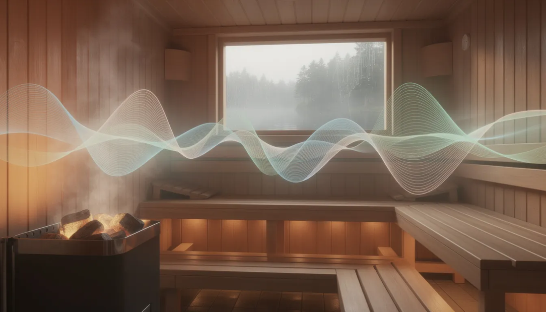 The image features a serene sauna environment, filled with gentle heat and ambient sounds reminiscent of nature, designed to enhance relaxation during sauna sessions.