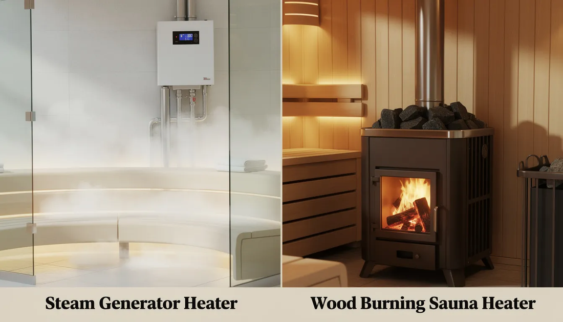 The image compares a steam generator heater and a wood burning sauna heater, highlighting the two systems used for heating sauna rooms.