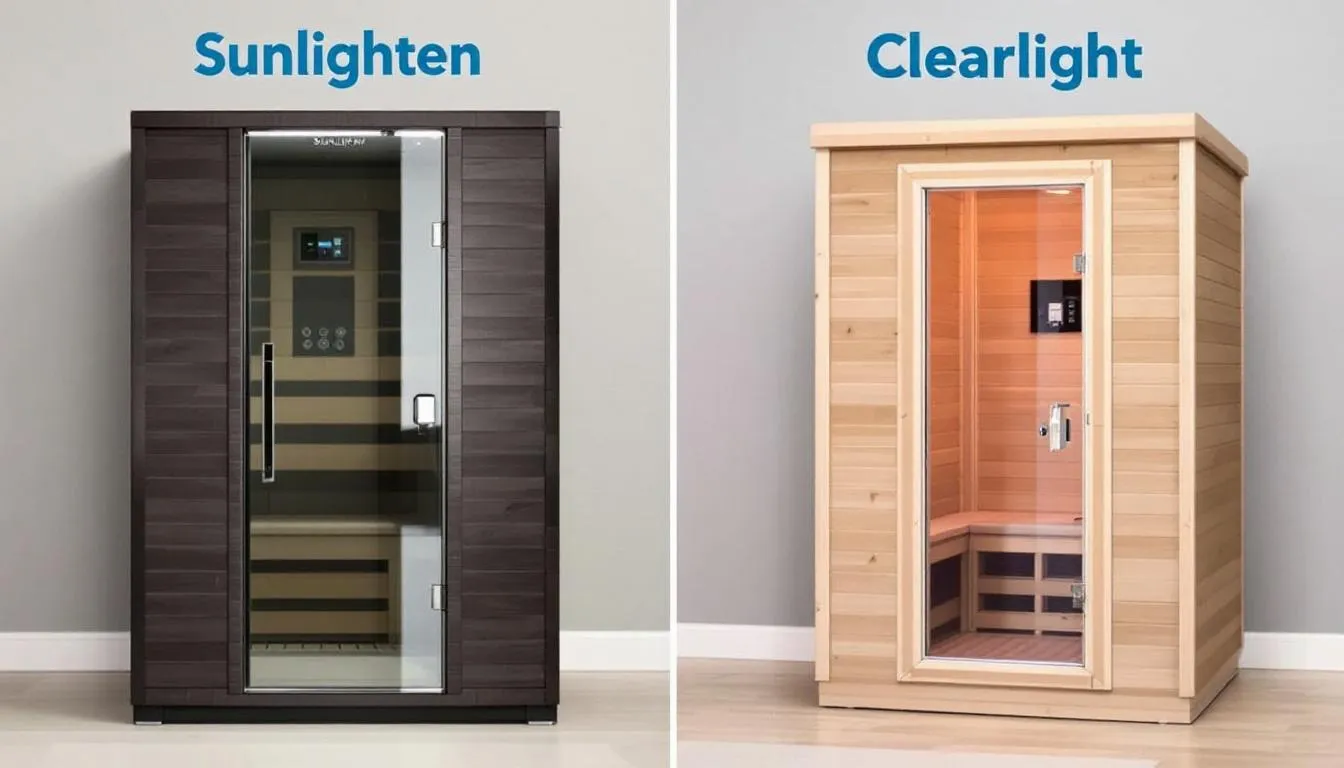 The image depicts two different types of saunas, Sunlighten and Clearlight, showcasing their unique designs and features.