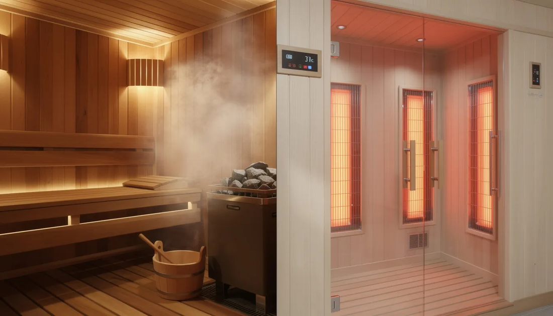 The image contrasts a traditional sauna with a modern infrared sauna, showcasing the distinct environments: the traditional sauna features heated stones and a steamy atmosphere, while the infrared sauna utilizes gentle heat from infrared heaters.