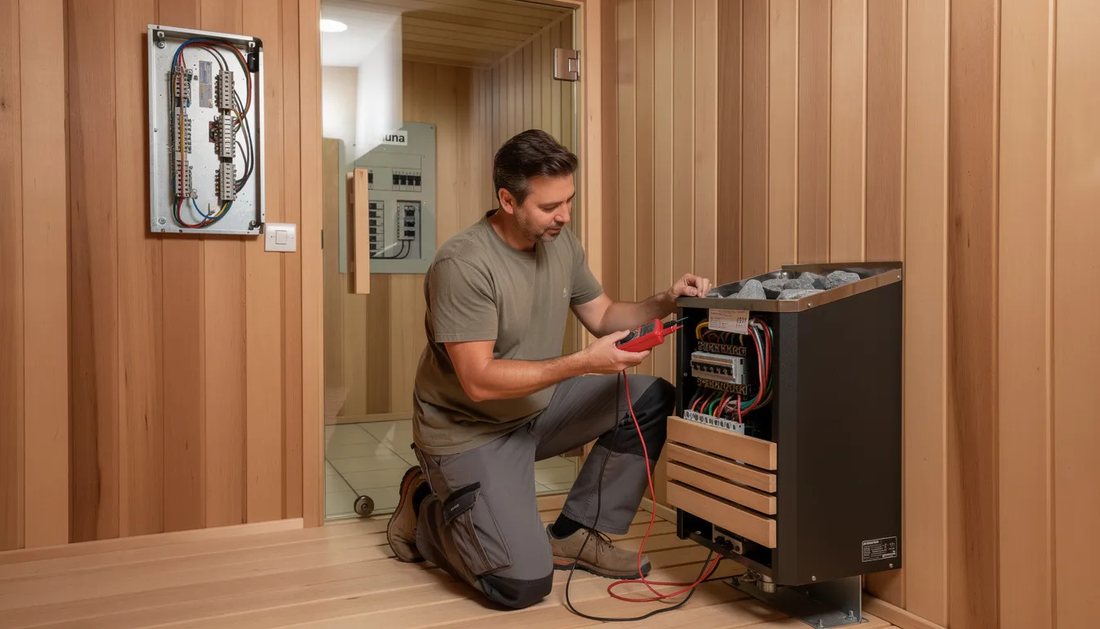 A man is troubleshooting an electrical problem in a home sauna, inspecting the control panel and checking for faulty wiring and loose connections.