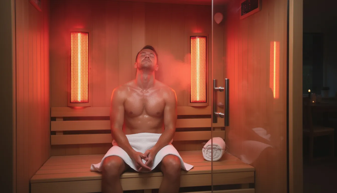 A man is relaxing inside a red light sauna, surrounded by glowing infrared light that promotes heat therapy and wellness benefits.