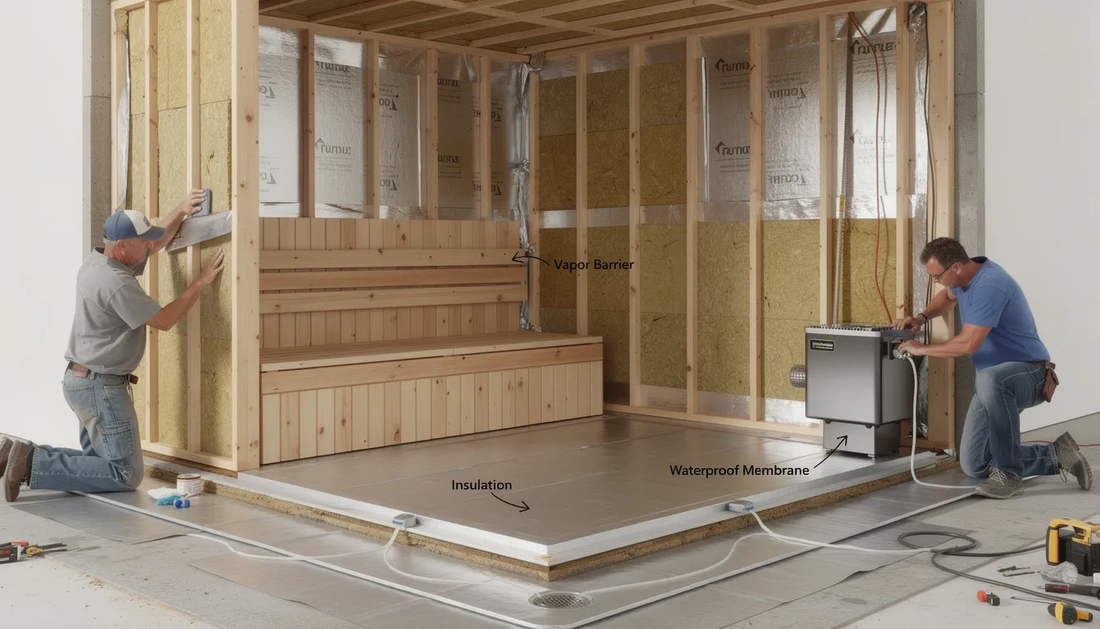 The image depicts a home sauna under construction, showcasing the application of proper insulation materials such as spray foam insulation and mineral wool on the sauna walls and ceiling. 