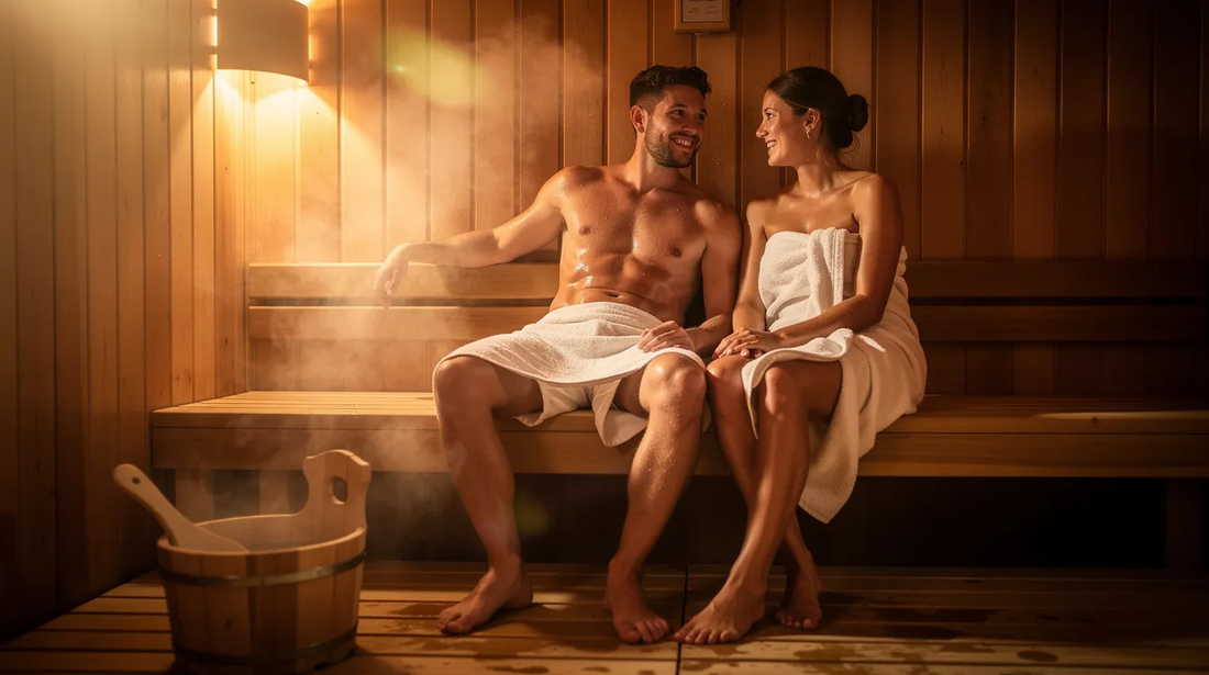 A couple is enjoying a sauna session together, surrounded by warm, soothing heat that promotes recovery and detoxification..