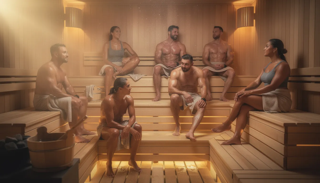 The image shows athletes relaxing in a sauna, engaging in post-exercise recovery sessions to enhance their muscle relaxation and improve cardiovascular health