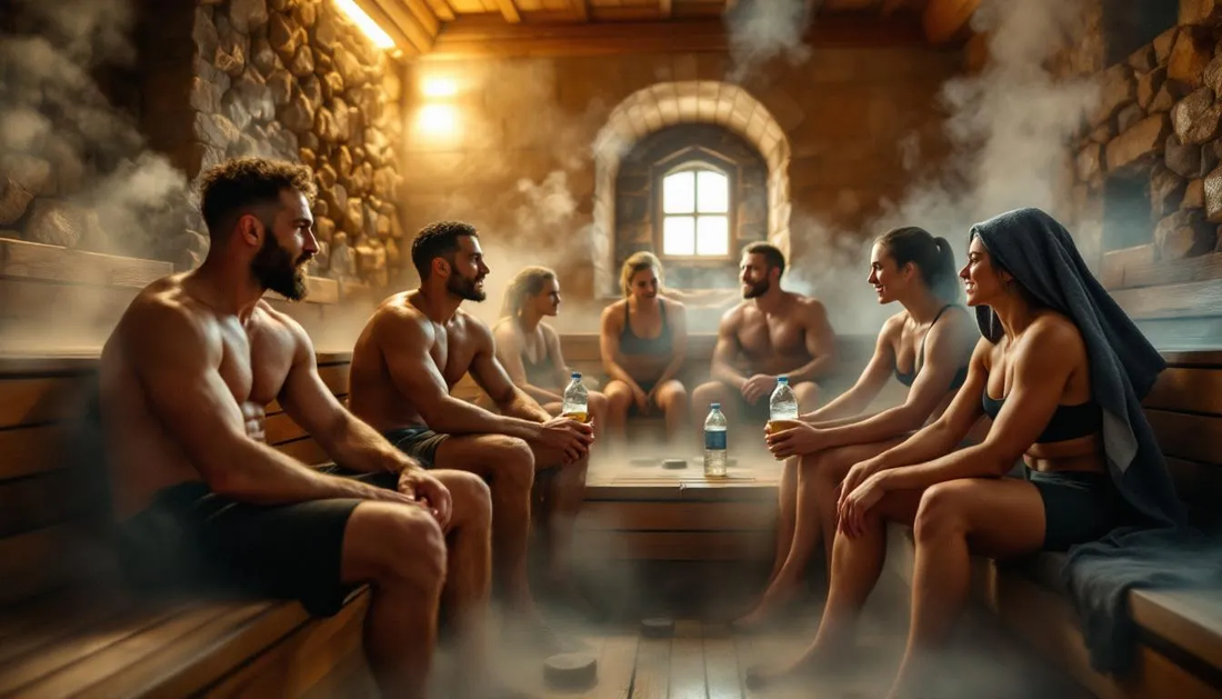 The image depicts athletes relaxing in a sauna after an intense workout session