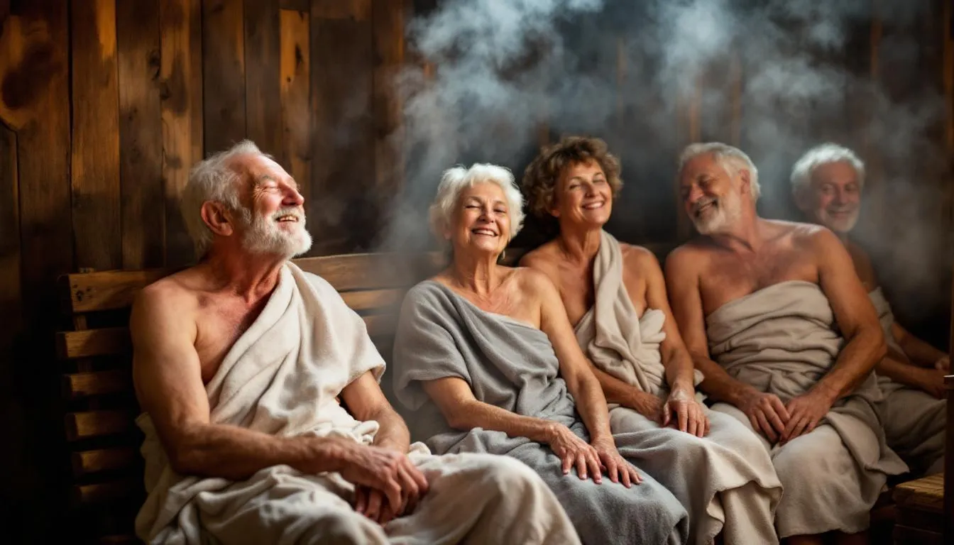 Image of an elderly group enjoying a sauna session