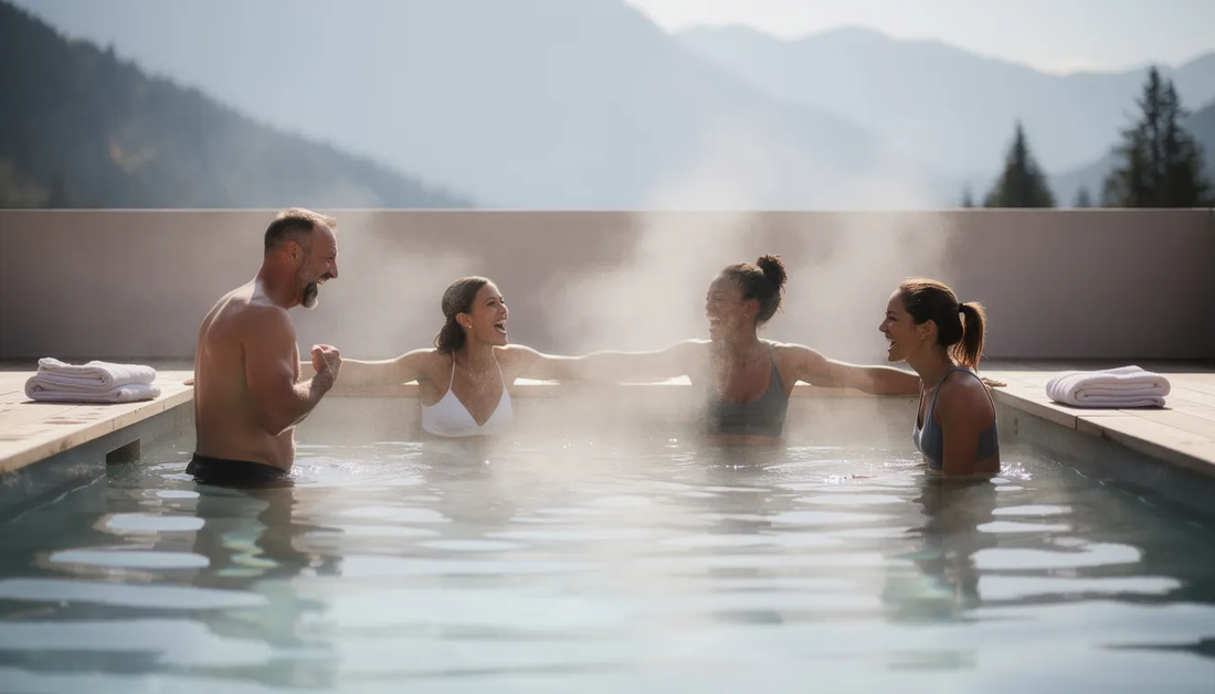 The image shows four entrepreneurs immersed in a cold plunge, experiencing the therapeutic benefits of cold water immersion.