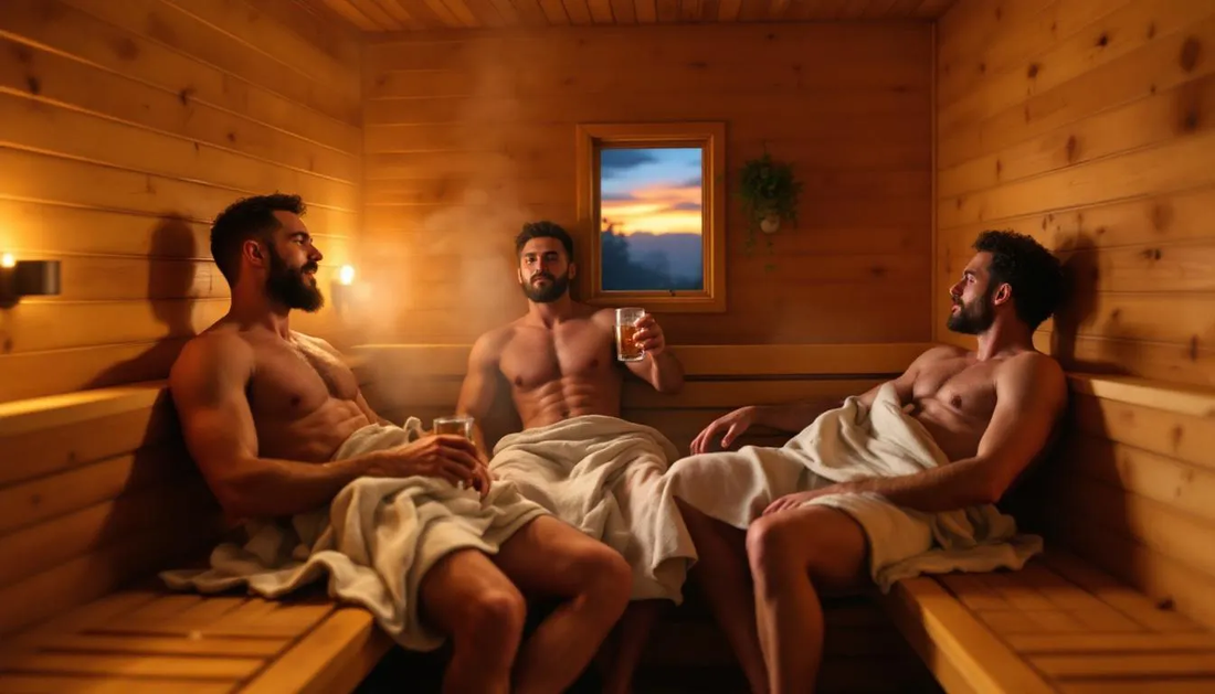 The image depicts a group of men enjoying an evening sauna session