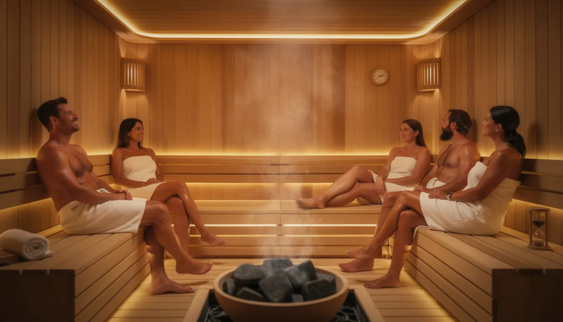 he image depicts a serene sauna setting where people are relaxing, surrounded by soft lighting that creates a calming ambience.