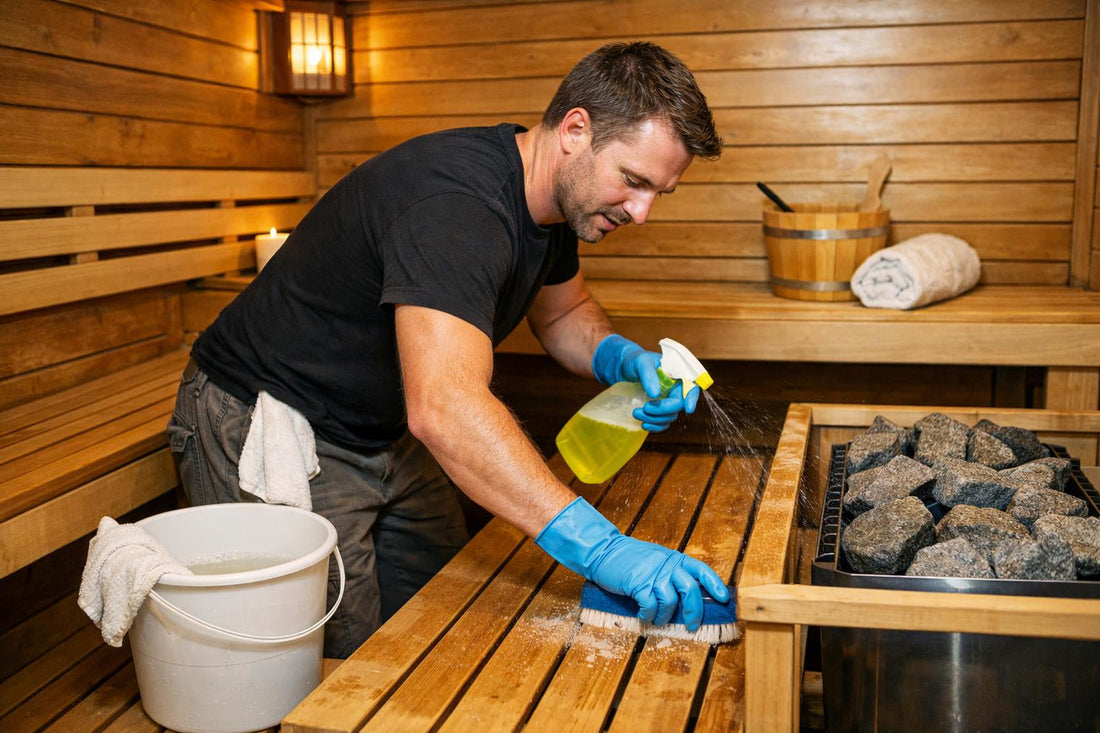 A person is actively cleaning a sauna, focusing on the benches and walls to maintain cleanliness and remove sweat stains.