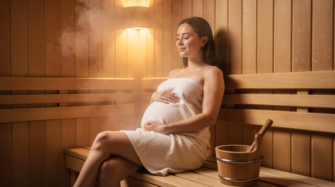 A pregnant woman is sitting in a sauna, surrounded by warm, dry heat, which raises her core body temperature.