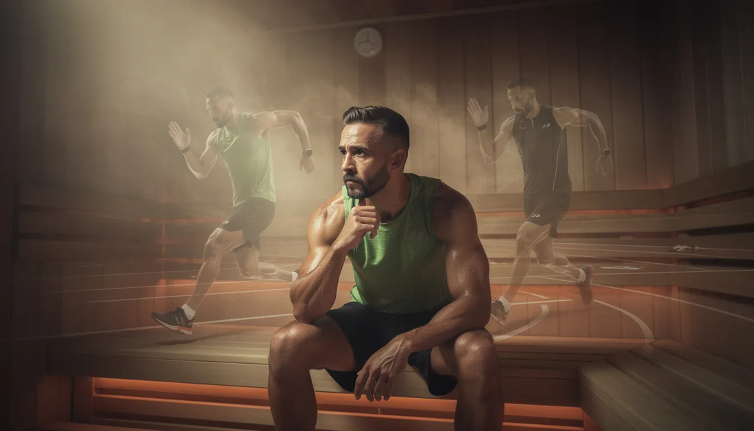 A competitive male runner is sitting inside a traditional sauna, benefiting from post exercise sauna bathing to enhance endurance performance and improve recovery