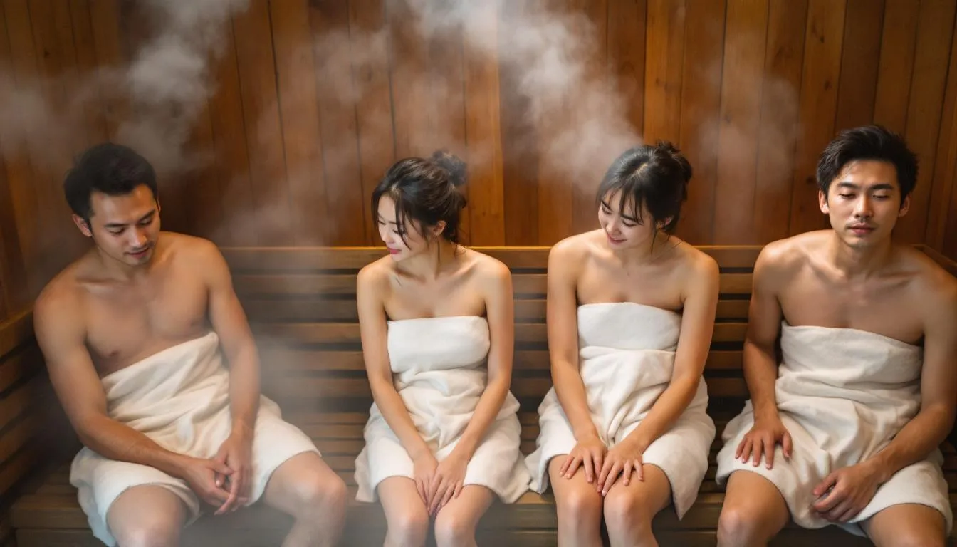 Four Japanese individuals are enjoying a sauna session, benefiting from the heat therapy known to enhance immune function and promote cardiovascular health
